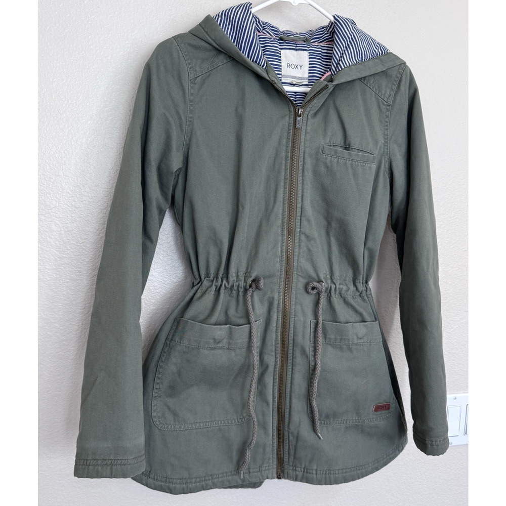 ROXY Army Style Cotton Parka XS Khaki Utility Jacket Hooded